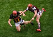 8 June 2025; Conor Whelan of Galway breaks his hurl while tackling Adrian Mullen of Kilkenny during the Leinster GAA Senior Hurling Championship final match between Kilkenny and Galway at Croke Park in Dublin. Photo by Piaras Ó Mídheach/Sportsfile