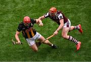 8 June 2025; Conor Whelan of Galway breaks his hurl while tackling Adrian Mullen of Kilkenny during the Leinster GAA Senior Hurling Championship final match between Kilkenny and Galway at Croke Park in Dublin. Photo by Piaras Ó Mídheach/Sportsfile