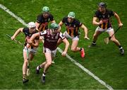 8 June 2025; Cathal Mannion of Galway is hounded by Kilkenny players, from left, Mikey Carey, Tommy Walsh, Paddy Deegan and Mikey Butler during the Leinster GAA Senior Hurling Championship final match between Kilkenny and Galway at Croke Park in Dublin. Photo by Piaras Ó Mídheach/Sportsfile