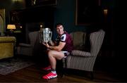 10 June 2025; Fintan Burke of Galway poses for a portrait with the Liam MacCarthy cup during the national launch of the GAA Hurling All-Ireland Senior Championship Series at Kinnitty Castle in Offaly. Photo by Ray McManus/Sportsfile