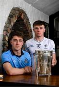 10 June 2025; Darragh Gray of Dublin, left, and Paul Dolan of Kildare with the Liam MacCarthy cup during the national launch of the GAA Hurling All-Ireland Senior Championship Series at Kinnitty Castle in Offaly. Photo by Brendan Moran/Sportsfile