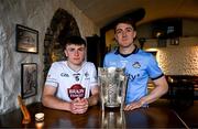 10 June 2025; Darragh Gray of Dublin, right, and Paul Dolan of Kildare with the Liam MacCarthy cup during the national launch of the GAA Hurling All-Ireland Senior Championship Series at Kinnitty Castle in Offaly. Photo by Brendan Moran/Sportsfile