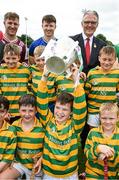 10 June 2025; Fergus Conroy, a pupil at the Gortnamona and Mountbolus National School, with the Liam MacCarthy cup at the national launch of the GAA Hurling All-Ireland Senior Championship Series at GAA Faithful Fields Offaly Centre of Excellence, Kilcormac in Offaly. Photo by Ray McManus/Sportsfile