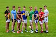 10 June 2025; Hurlers, from left, Billy Ryan of Kilkenny, Darragh Gray of Dublin, Fintan Burke of Galway, Jake Morris of Tipperary, Cian Lynch of Limerick, Podge Delaney of Laois, Niall O'Leary of Cork and Paul Dolan of Kildare with the Liam MacCarthy cup at the national launch of the GAA Hurling All-Ireland Senior Championship Series at the Faithful Fields in Kilcormac, Offaly. Photo by Brendan Moran/Sportsfile