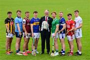 10 June 2025; Uachtarán Chumann Lúthchleas Gael Jarlath Burns with hurlers, from left, Billy Ryan of Kilkenny, Darragh Gray of Dublin, Fintan Burke of Galway, Jake Morris of Tipperary, Cian Lynch of Limerick, Podge Delaney of Laois, Niall O'Leary of Cork and Paul Dolan of Kildare with the Liam MacCarthy cup at the national launch of the GAA Hurling All-Ireland Senior Championship Series at the Faithful Fields in Kilcormac, Offaly. Photo by Brendan Moran/Sportsfile