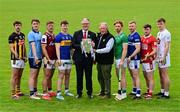 10 June 2025; Uachtarán Chumann Lúthchleas Gael Jarlath Burns and Offaly GAA chairperson Tom Parlon with hurlers, from left, Billy Ryan of Kilkenny, Darragh Gray of Dublin, Fintan Burke of Galway, Jake Morris of Tipperary, Cian Lynch of Limerick, Podge Delaney of Laois, Niall O'Leary of Cork and Paul Dolan of Kildare with the Liam MacCarthy cup at the national launch of the GAA Hurling All-Ireland Senior Championship Series at the Faithful Fields in Kilcormac, Offaly. Photo by Brendan Moran/Sportsfile