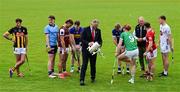 10 June 2025; Uachtarán Chumann Lúthchleas Gael Jarlath Burns and Offaly GAA chairperson Tom Parlon with hurlers, from left, Billy Ryan of Kilkenny, Darragh Gray of Dublin, Fintan Burke of Galway, Jake Morris of Tipperary,Podge Delaney of Laois, Cian Lynch of Limerick, Niall O'Leary of Cork and Paul Dolan of Kildare with the Liam MacCarthy cup at the national launch of the GAA Hurling All-Ireland Senior Championship Series at the Faithful Fields in Kilcormac, Offaly. Photo by Brendan Moran/Sportsfile