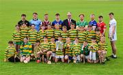 10 June 2025; Uachtarán Chumann Lúthchleas Gael Jarlath Burns with hurlers, from left, Billy Ryan of Kilkenny, Darragh Gray of Dublin, Fintan Burke of Galway, Jake Morris of Tipperary, Cian Lynch of Limerick, Podge Delaney of Laois, Niall O'Leary of Cork and Paul Dolan of Kildare and  pupils from Gortnamona and Mountbolus National School in Offaly, with the Liam MacCarthy cup at the national launch of the GAA Hurling All-Ireland Senior Championship Series at the Faithful Fields in Kilcormac, Offaly. Photo by Brendan Moran/Sportsfile