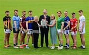 10 June 2025; Uachtarán Chumann Lúthchleas Gael Jarlath Burns and Mary Fox and Theresa O'Sullivan, from Centra in Kilcormac, Offaly, with hurlers, from left, Billy Ryan of Kilkenny, Darragh Gray of Dublin, Fintan Burke of Galway, Jake Morris of Tipperary, Cian Lynch of Limerick, Podge Delaney of Laois, Niall O'Leary of Cork and Paul Dolan of Kildare with the Liam MacCarthy cup at the national launch of the GAA Hurling All-Ireland Senior Championship Series at the Faithful Fields in Kilcormac, Offaly. Photo by Brendan Moran/Sportsfile