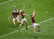 8 June 2025; Mikey Carey of Kilkenny wins possession ahead of Cathal Mannion of Galway, right, during the Leinster GAA Senior Hurling Championship final match between Kilkenny and Galway at Croke Park in Dublin. Photo by Piaras Ó Mídheach/Sportsfile