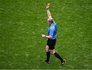 8 June 2025; Referee Johnny Murphy shows a yellow card during the Leinster GAA Senior Hurling Championship final match between Kilkenny and Galway at Croke Park in Dublin. Photo by Piaras Ó Mídheach/Sportsfile