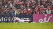 7 June 2025; Cork goalkeeper Patrick Collins is beaten for a goal by Diarmaid Byrnes of Limerick during the penalty shoot-out of the Munster GAA Hurling Senior Championship final match between Limerick and Cork at TUS Gaelic Grounds in Limerick. Photo by Piaras Ó Mídheach/Sportsfile