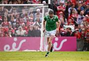 7 June 2025; Diarmaid Byrnes of Limerick after scoring a goal during the penalty shoot-out of the Munster GAA Hurling Senior Championship final match between Limerick and Cork at TUS Gaelic Grounds in Limerick. Photo by Piaras Ó Mídheach/Sportsfile