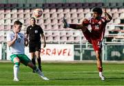 10 June 2025; Ed McJannet of Republic of Ireland in action against Jassem Mohammed A M Alsharshani of Qatar during the U21 international friendly match between Qatar and Republic of Ireland at Gradski Stadion in Zagreb, Croatia. Photo by Gerry Scully/Sportsfile