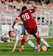 10 June 2025; Cian Dillon of Republic of Ireland in action against Ayoub Mohamed Aloui of Qatar during the U21 international friendly match between Qatar and Republic of Ireland at Gradski Stadion in Zagreb, Croatia. Photo by Gerry Scully/Sportsfile