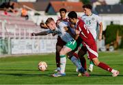 10 June 2025; Cian Dillon of Republic of Ireland in action against Ayoub Mohamed Aloui of Qatar during the U21 international friendly match between Qatar and Republic of Ireland at Gradski Stadion in Zagreb, Croatia. Photo by Gerry Scully/Sportsfile