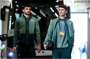 10 June 2025; Troy Parrott, left, and Robbie Brady of Republic of Ireland arrive before the international friendly match between Luxembourg and Republic of Ireland at Stade de Luxembourg in Luxembourg. Photo by Stephen McCarthy/Sportsfile