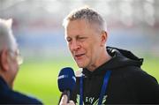 10 June 2025; Republic of Ireland head coach Heimir Hallgrimsson is interviewed by RTÉ's Tony O'Donoghue before the international friendly match between Luxembourg and Republic of Ireland at Stade de Luxembourg in Luxembourg. Photo by Stephen McCarthy/Sportsfile