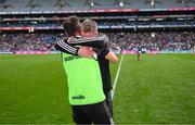 8 June 2025; Kildare manager Brian Dowling celebrates with Richie Ruth after the Joe McDonagh Cup final match between Kildare and Laois at Croke Park in Dublin. Photo by Ray McManus/Sportsfile