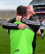 8 June 2025; Kildare manager Brian Dowling celebrates with Richie Ruth after the Joe McDonagh Cup final match between Kildare and Laois at Croke Park in Dublin. Photo by Ray McManus/Sportsfile