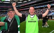 8 June 2025; Kildare manager Brian Dowling celebrates with photographer Martin Rowe after the Joe McDonagh Cup final match between Kildare and Laois at Croke Park in Dublin. Photo by Ray McManus/Sportsfile