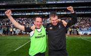 8 June 2025; Kildare manager Brian Dowling celebrates with Conor O'Shea after the Joe McDonagh Cup final match between Kildare and Laois at Croke Park in Dublin. Photo by Ray McManus/Sportsfile