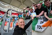 10 June 2025; Republic of Ireland head coach Heimir Hallgrimsson receives a birthday card from Republic of Ireland supporters before the international friendly match between Luxembourg and Republic of Ireland at Stade de Luxembourg in Luxembourg. Photo by Stephen McCarthy/Sportsfile