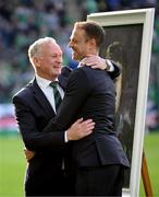10 June 2025; Northern Ireland manager Michael O'Neill and former Northern Ireland player Jonny Evans before the International Friendly match between Northern Ireland and Iceland at Clearer Twist National Football Stadium at Windsor Park in Belfast. Photo by Ramsey Cardy/Sportsfile