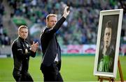 10 June 2025; Former Northern Ireland players Jonny Evans, right, and Steven Davis before the International Friendly match between Northern Ireland and Iceland at Clearer Twist National Football Stadium at Windsor Park in Belfast. Photo by Ramsey Cardy/Sportsfile