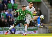10 June 2025; Ronan Hale of Northern Ireland in action against Sverrir Ingason of Iceland during the International Friendly match between Northern Ireland and Iceland at Clearer Twist National Football Stadium at Windsor Park in Belfast. Photo by Ramsey Cardy/Sportsfile