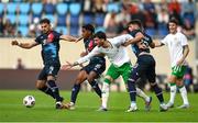 10 June 2025; Troy Parrott of Republic of Ireland in action against Luxembourg players, from left, Danel Sinani, Leandro Barreiro and Eldin Dzogovic during the international friendly match between Luxembourg and Republic of Ireland at Stade de Luxembourg in Luxembourg. Photo by Stephen McCarthy/Sportsfile