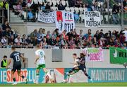 10 June 2025; Luxembourg supporters hang signs during the international friendly match between Luxembourg and Republic of Ireland at Stade de Luxembourg in Luxembourg. Photo by Stephen McCarthy/Sportsfile
