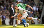 10 June 2025; Jón Dagur Thorsteinsson of Iceland in action against Justin Devenny of Northern Ireland during the International Friendly match between Northern Ireland and Iceland at Clearer Twist National Football Stadium at Windsor Park in Belfast. Photo by Ramsey Cardy/Sportsfile