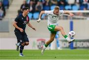 10 June 2025; Killian Phillips of Republic of Ireland in action against Eldin Dzogovic of Luxembourg during the international friendly match between Luxembourg and Republic of Ireland at Stade de Luxembourg in Luxembourg. Photo by Stephen McCarthy/Sportsfile