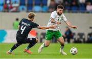 10 June 2025; Ryan Manning of Republic of Ireland in action against Florian Bohnert of Luxembourg during the international friendly match between Luxembourg and Republic of Ireland at Stade de Luxembourg in Luxembourg. Photo by Stephen McCarthy/Sportsfile