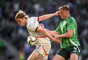10 June 2025; Andri Gudjohnsen of Iceland in action against Daniel Ballard of Northern Ireland during the International Friendly match between Northern Ireland and Iceland at Clearer Twist National Football Stadium at Windsor Park in Belfast. Photo by Ramsey Cardy/Sportsfile