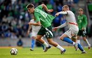 10 June 2025; Justin Devenny of Northern Ireland in action against Jón Dagur Thorsteinsson of Iceland during the International Friendly match between Northern Ireland and Iceland at Clearer Twist National Football Stadium at Windsor Park in Belfast. Photo by Ramsey Cardy/Sportsfile
