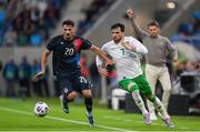 10 June 2025; Eldin Dzogovic of Luxembourg in action against Troy Parrott of Republic of Ireland during the international friendly match between Luxembourg and Republic of Ireland at Stade de Luxembourg in Luxembourg. Photo by Stephen McCarthy/Sportsfile