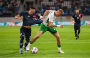 10 June 2025; Killian Phillips of Republic of Ireland in action against Eldin Dzogovic of Luxembourg during the international friendly match between Luxembourg and Republic of Ireland at Stade de Luxembourg in Luxembourg. Photo by Stephen McCarthy/Sportsfile