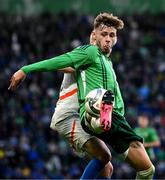 10 June 2025; Conor Bradley of Northern Ireland in action against Kristian Hlynsson of Iceland during the International Friendly match between Northern Ireland and Iceland at Clearer Twist National Football Stadium at Windsor Park in Belfast. Photo by Ramsey Cardy/Sportsfile