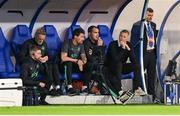 10 June 2025; Republic of Ireland head coach Heimir Hallgrimsson, right, with, from left, goalkeeping coach Gudmundur Hreidarsson, athletic therapist Sam Rice, assistant coach Paddy McCarthy and assistant head coach John O'Shea during the international friendly match between Luxembourg and Republic of Ireland at Stade de Luxembourg in Luxembourg. Photo by Stephen McCarthy/Sportsfile