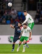 10 June 2025; Matt Doherty, right, and Ryan Manning of Republic of Ireland in action against Eldin Dzogovic of Luxembourg during the international friendly match between Luxembourg and Republic of Ireland at Stade de Luxembourg in Luxembourg. Photo by Stephen McCarthy/Sportsfile