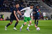 10 June 2025; Troy Parrott of Republic of Ireland in action against Seid Korac of Luxembourg during the international friendly match between Luxembourg and Republic of Ireland at Stade de Luxembourg in Luxembourg. Photo by Stephen McCarthy/Sportsfile