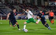 10 June 2025; Troy Parrott of Republic of Ireland in action against Seid Korac, left, and Eldin Dzogovic of Luxembourg during the international friendly match between Luxembourg and Republic of Ireland at Stade de Luxembourg in Luxembourg. Photo by Stephen McCarthy/Sportsfile