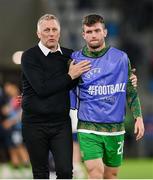 10 June 2025; Republic of Ireland head coach Heimir Hallgrimsson, left, with Josh Honohan of Republic of Ireland after the international friendly match between Luxembourg and Republic of Ireland at Stade de Luxembourg in Luxembourg. Photo by Stephen McCarthy/Sportsfile
