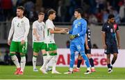 10 June 2025; Republic of Ireland goalkeeper Max O'Leary, right, is congratulated by teammate Kasey McAteer after the international friendly match between Luxembourg and Republic of Ireland at Stade de Luxembourg in Luxembourg. Photo by Stephen McCarthy/Sportsfile