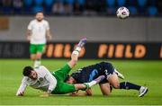 10 June 2025; Troy Parrott of Republic of Ireland is tackled by Seid Korac of Luxembourg during the international friendly match between Luxembourg and Republic of Ireland at Stade de Luxembourg in Luxembourg. Photo by Stephen McCarthy/Sportsfile