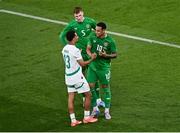 6 June 2025; Republic of Ireland players Jake O'Brien, behind, and Adam Idah and Iliman Ndiaye of Senegal after the international friendly match between Republic of Ireland and Senegal at the Aviva Stadium in Dublin. Photo by Piaras Ó Mídheach/Sportsfile