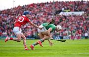 7 June 2025; Kyle Hayes of Limerick in action against Diarmuid Healy of Cork during the Munster GAA Hurling Senior Championship final match between Limerick and Cork at TUS Gaelic Grounds in Limerick. Photo by Piaras Ó Mídheach/Sportsfile