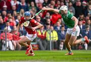 7 June 2025; Diarmuid Healy of Cork in action against Kyle Hayes of Limerick during the Munster GAA Hurling Senior Championship final match between Limerick and Cork at TUS Gaelic Grounds in Limerick. Photo by Piaras Ó Mídheach/Sportsfile